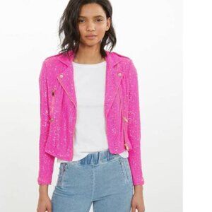 NWT Generation Love Robin Sequin Moto Jacket in Hot Pink